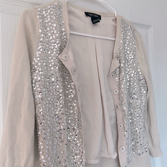 White & Black Dressy Cardigan Silver Sequin 3/4 Sleeve Sweater - Picture 6 of 8
